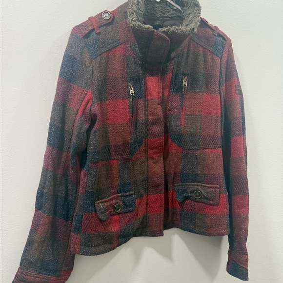 Vintage Y2K Abercrombie Women's Plaid Utility Jacket Red fur L - Picture 6 of 7